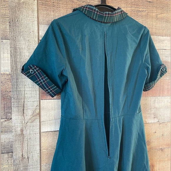 Hell Bunny Green Fit & Flare Dress Plaid Trim Pockets UK 10 / S - Picture 5 of 13